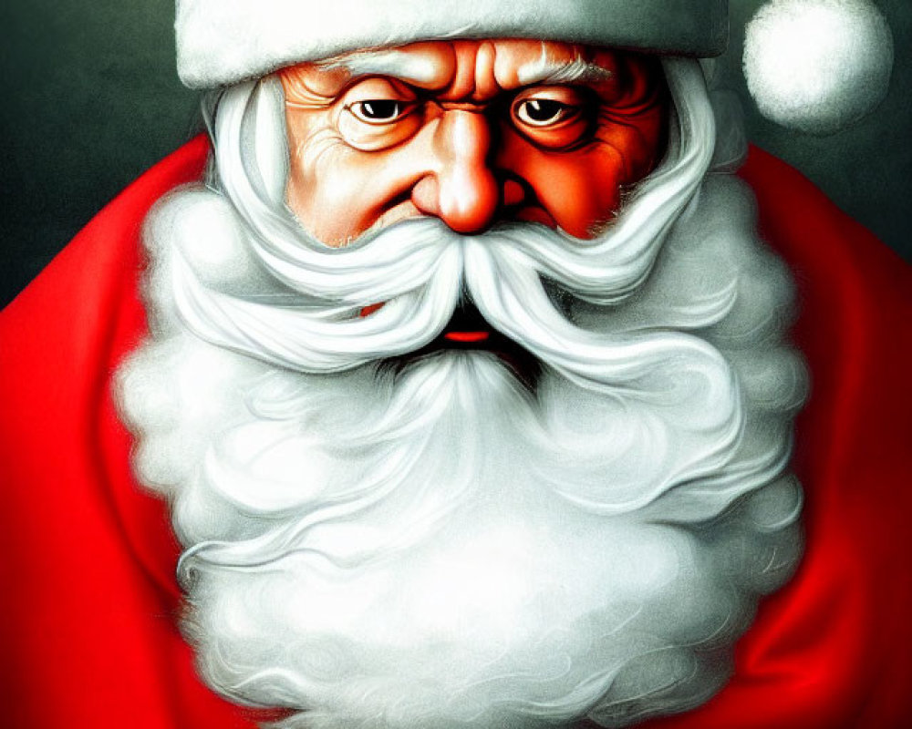 Serious Santa Claus portrait with red suit, white beard, and golden seal envelope