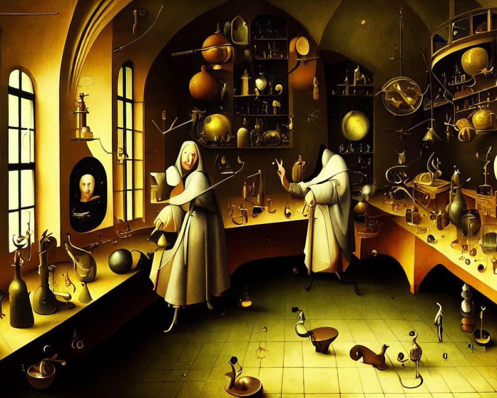 Detailed Alchemist's Lab Illustration with Robed Figures and Intricate Devices