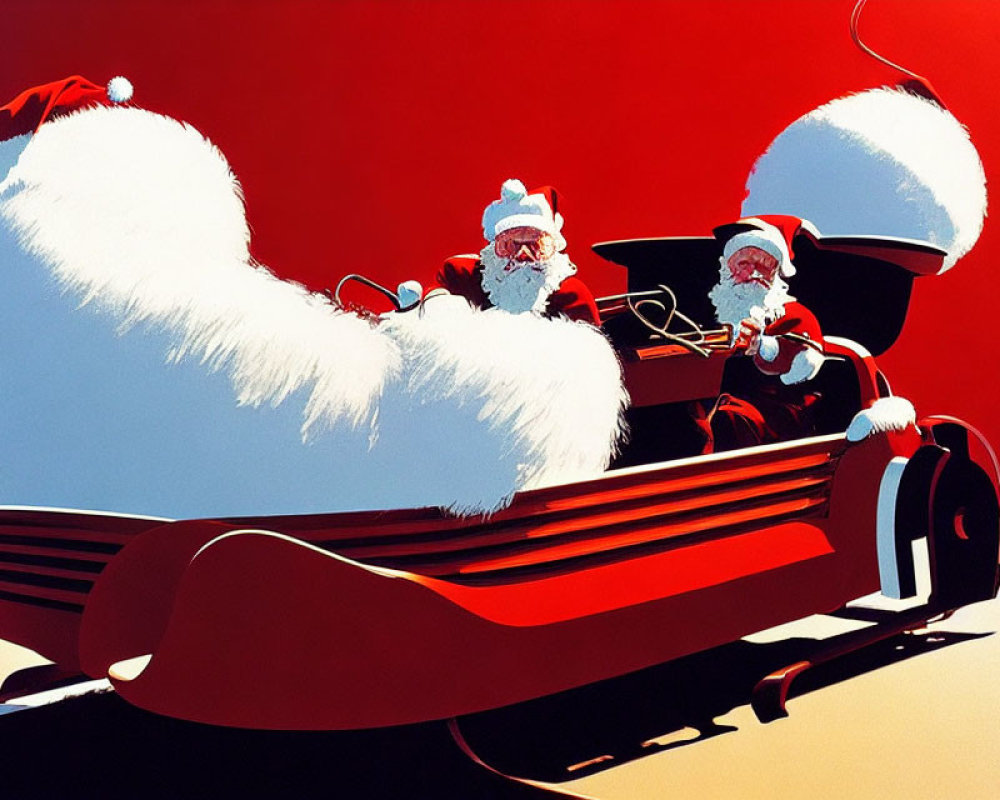 Stylized red and black sleigh with three Santa Claus figures - modern design