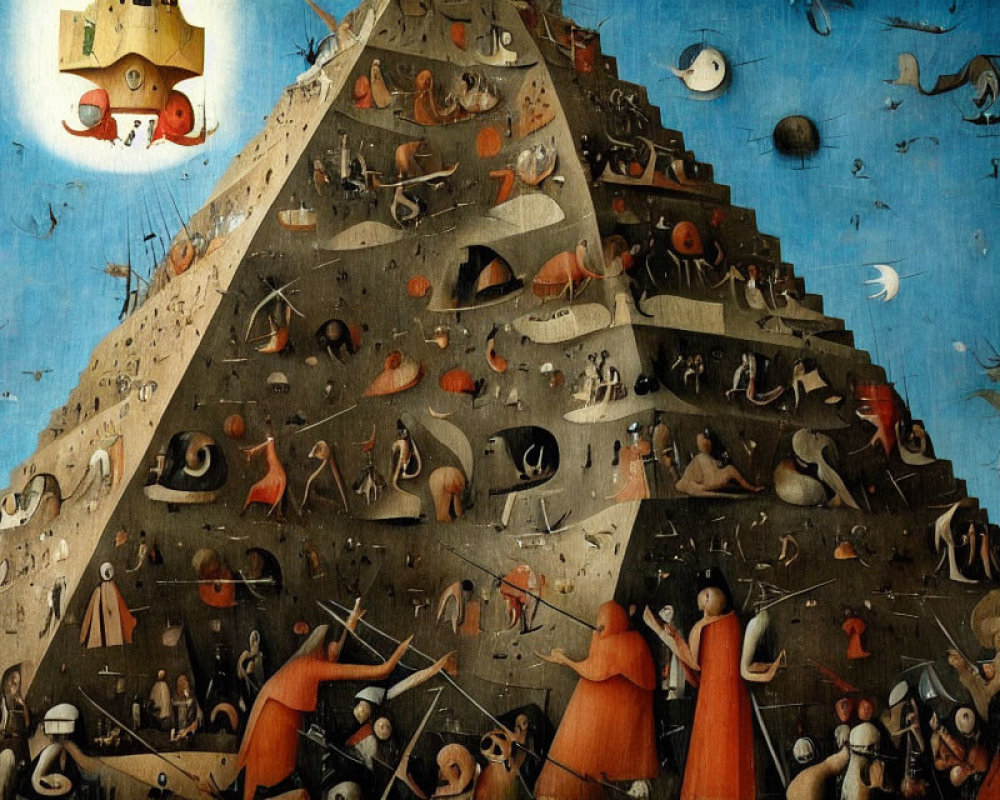 Surreal pyramid structure with bustling figures under blue sky