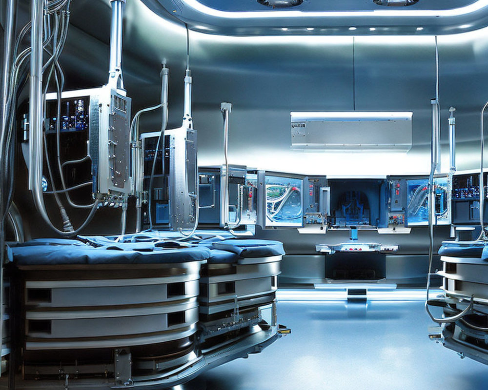 Futuristic Medical Bay with Advanced Equipment and Blue Lighting