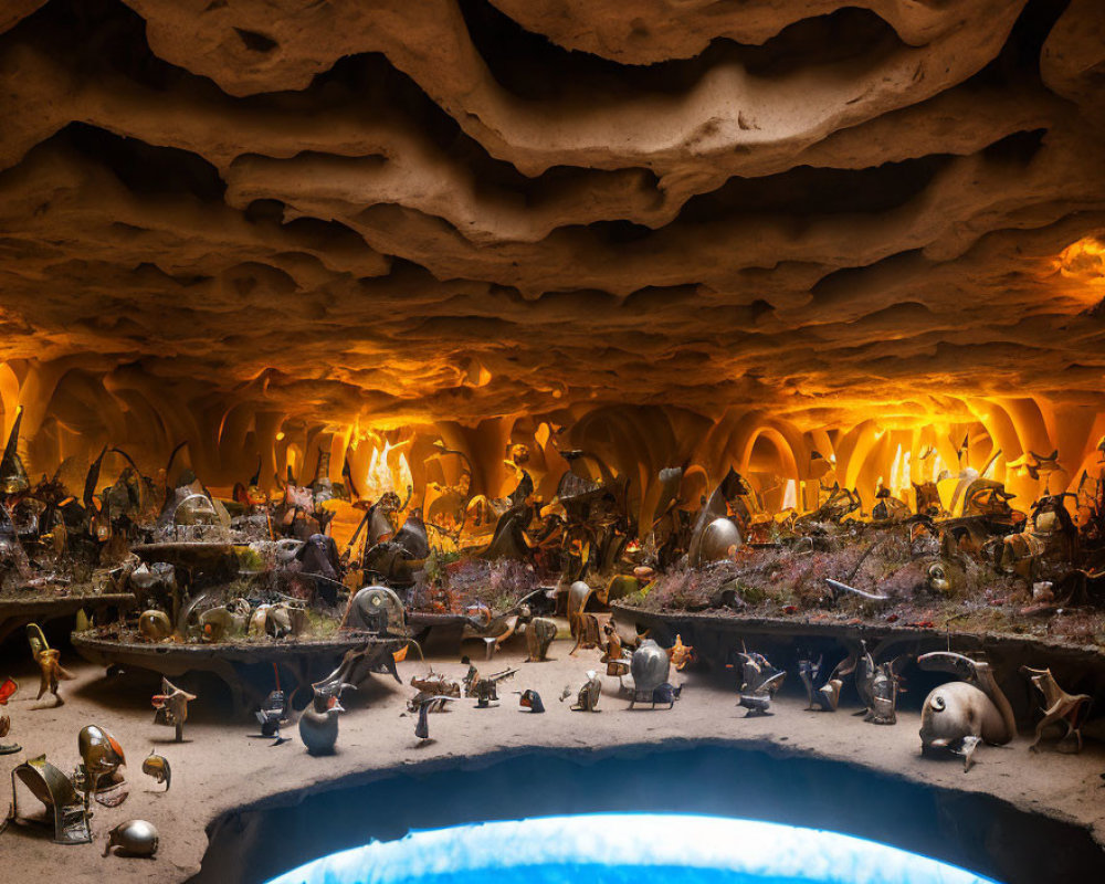 Fantasy Diorama of Tiny Characters in Illuminated Cave