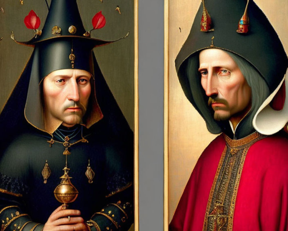 Two somber men in medieval attire with pointed hoods and bell adornments.