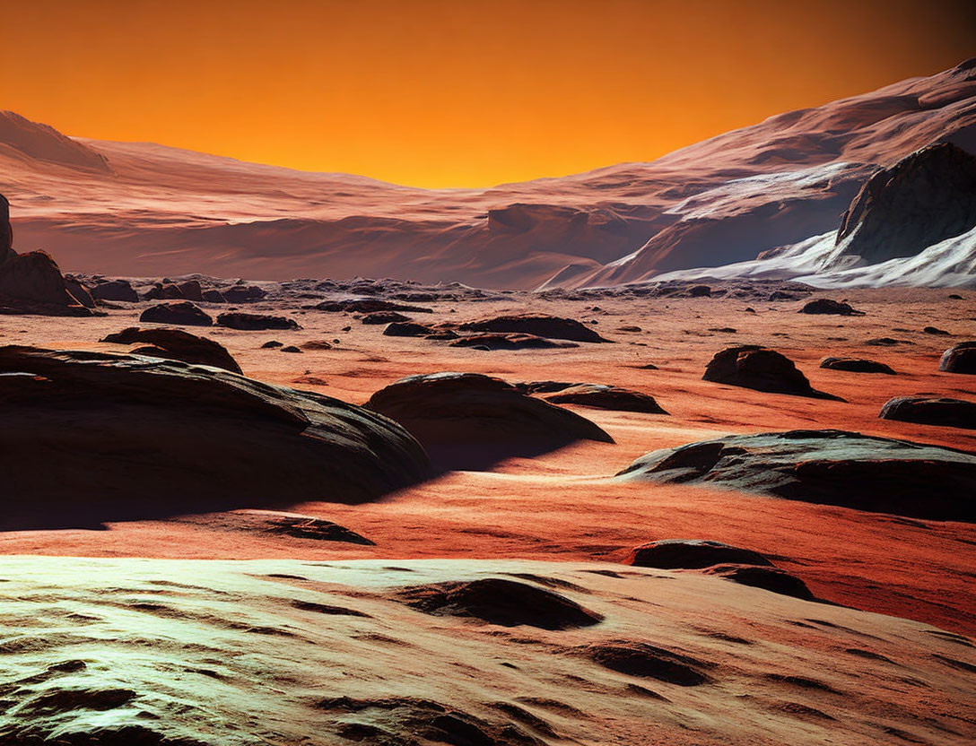 Orange Sky and Rocky Terrain: Mars-like Landscape with Distant Mountains