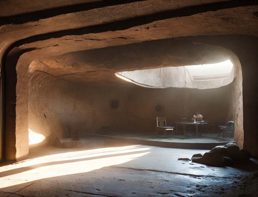 Sunlit Rock-carved Room with Simple Table and Chairs