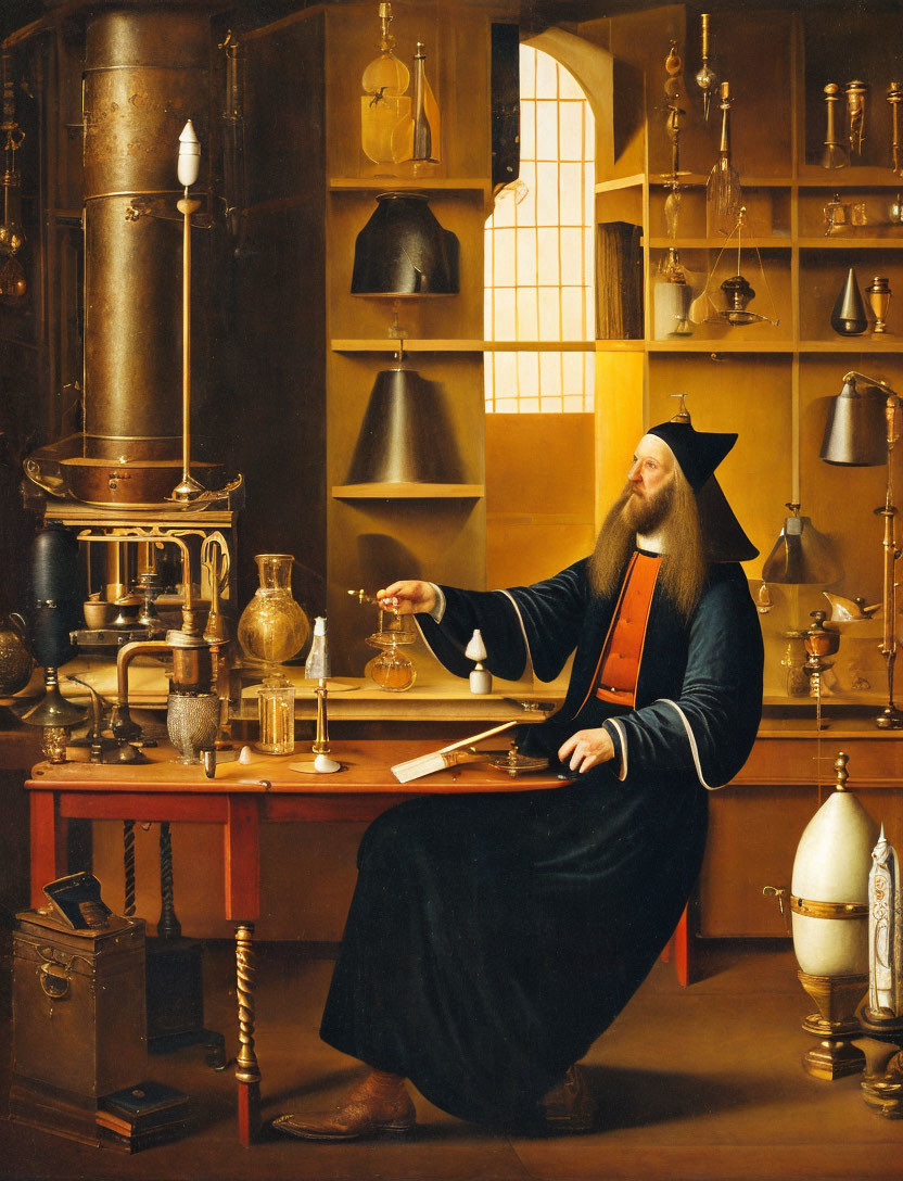 Bearded man in historical clothing conducts experiment in alchemical setting