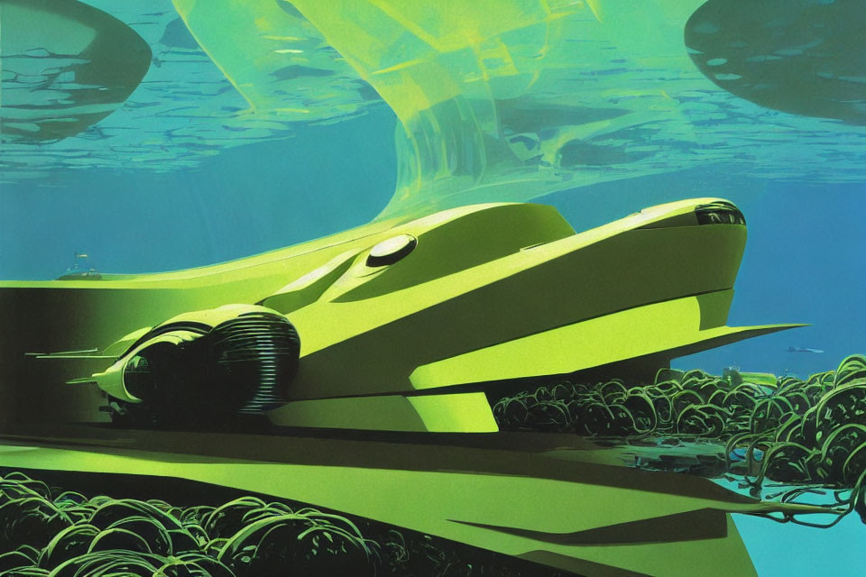 Futuristic underwater scene with submarine and vessels amidst aquatic flora