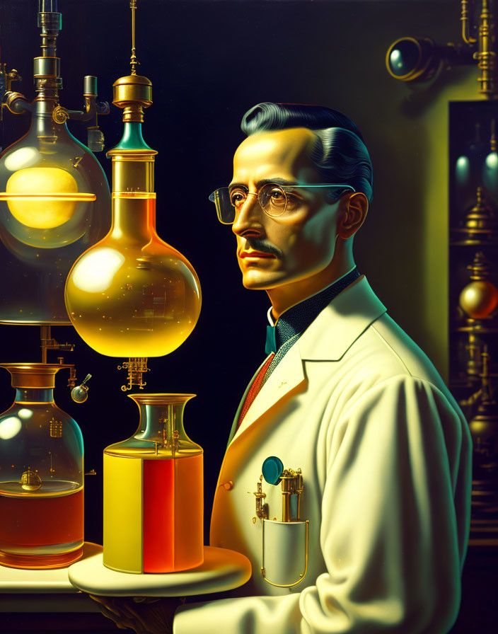 Stylized illustration of man in lab coat with glasses in dimly lit laboratory