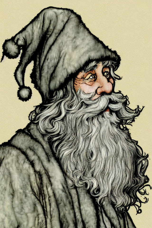 Classic Santa Claus Illustration with Long White Beard and Santa Hat