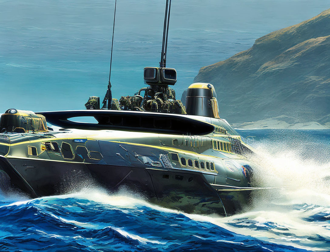 Camouflage-painted military patrol boat speeds in blue ocean waters