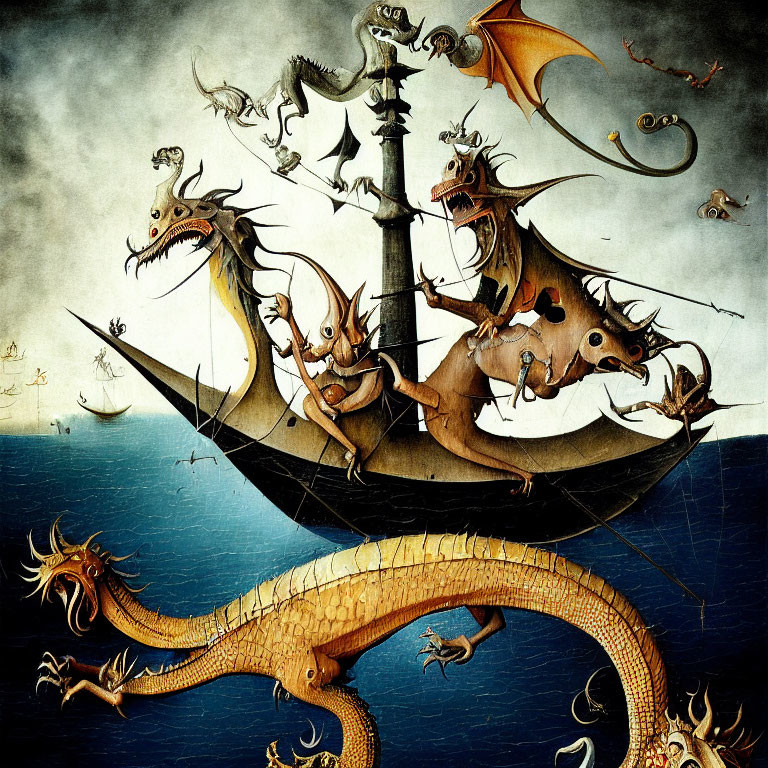 Fantastical ship with dragon-like masts sailing on sea