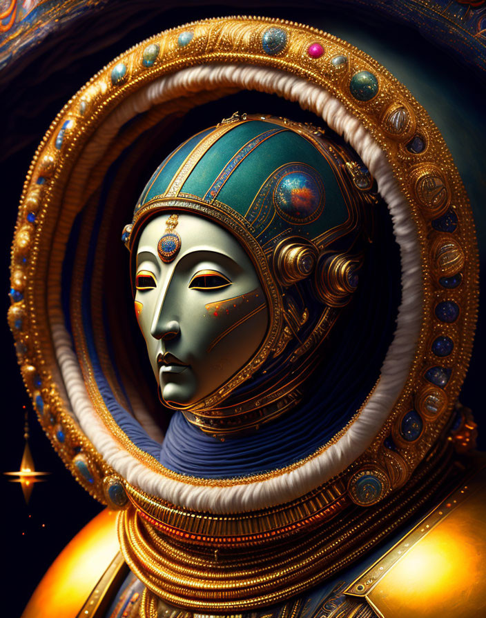 Detailed Robotic Figure with Human-Like Face in Gold and Blue Armor