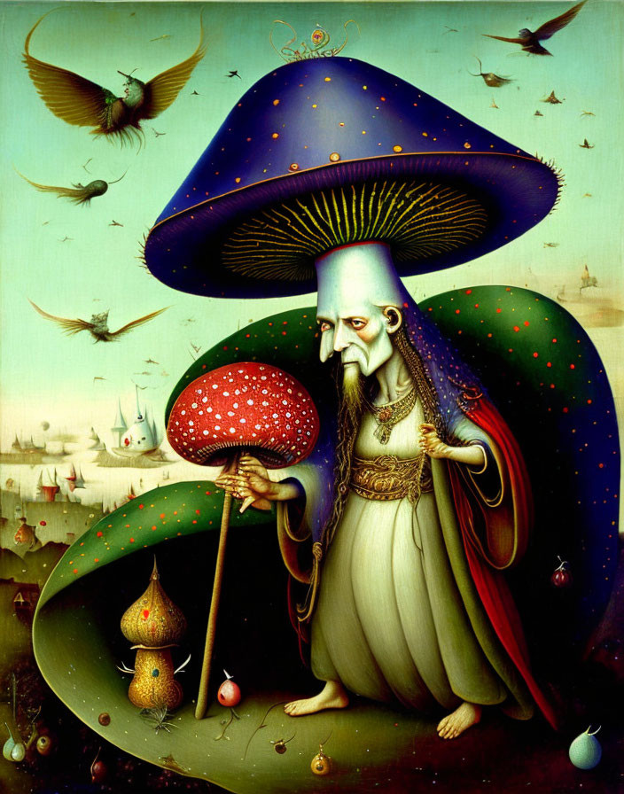 Surreal painting of figure with mushroom cap head and blue starry hat, holding mushroom, with