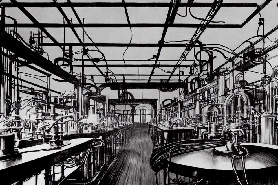 Detailed black and white industrial interior illustration with pipes, valves, and machinery.