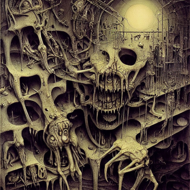 Dark surreal artwork with skull-like structures and mechanical elements in eerie yellow ambiance