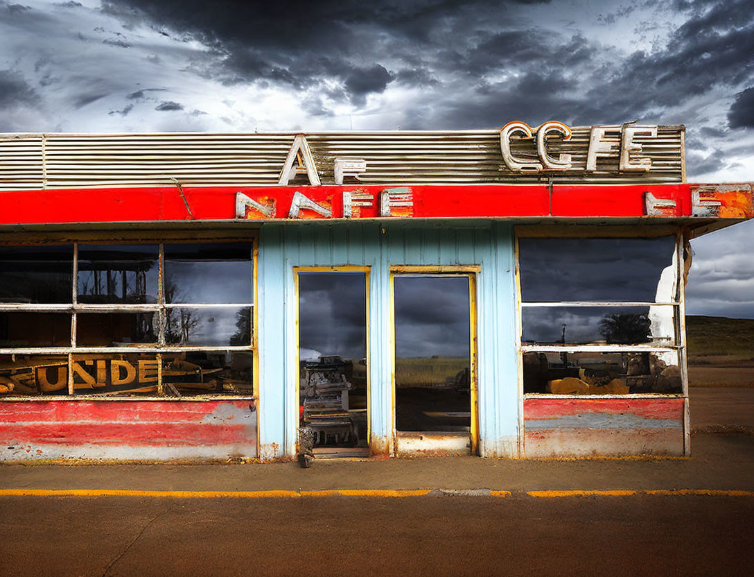 Weathered facade of abandoned cafe with broken windows and faded paint