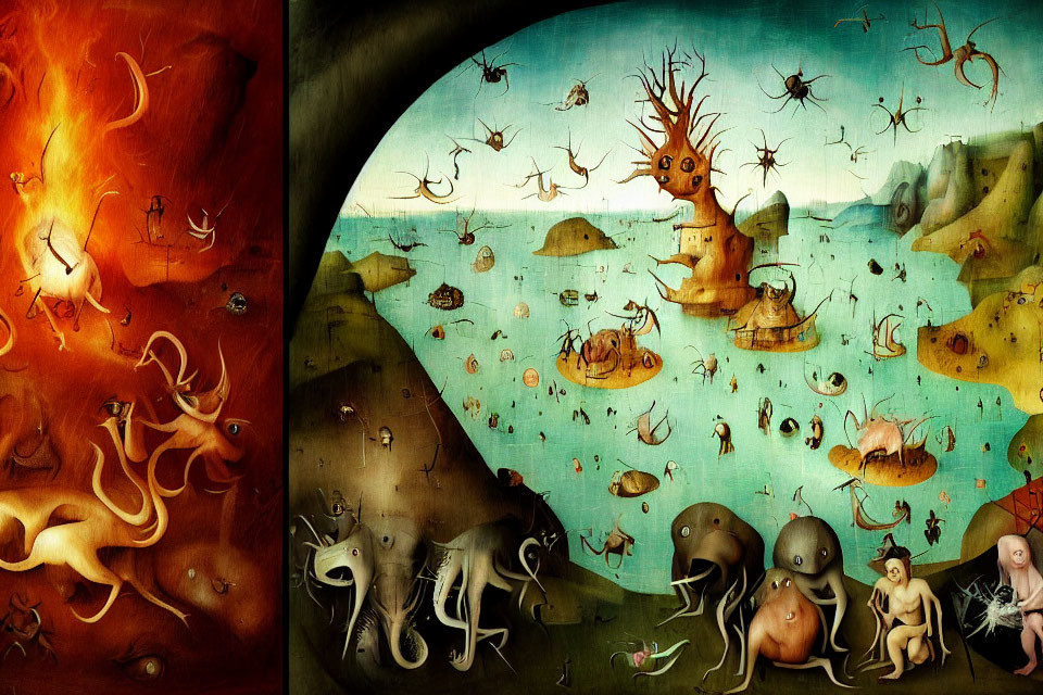 Fantastical creatures in surreal split landscape.