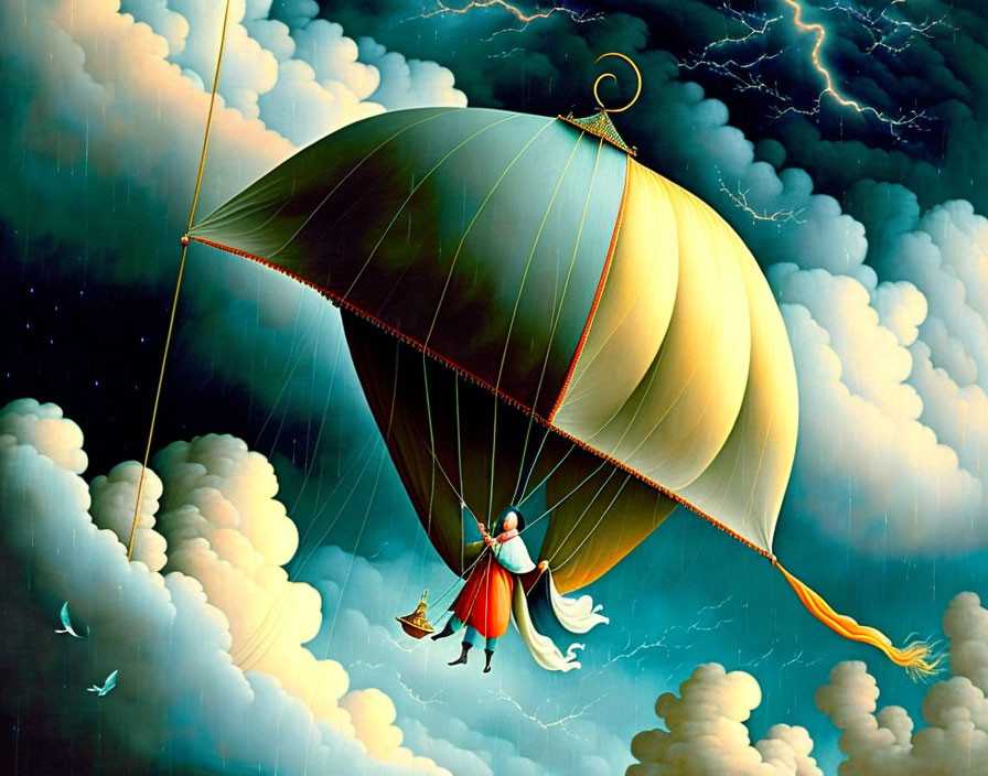 Colorful painting: person on balloon in stormy sky with birds and clouds