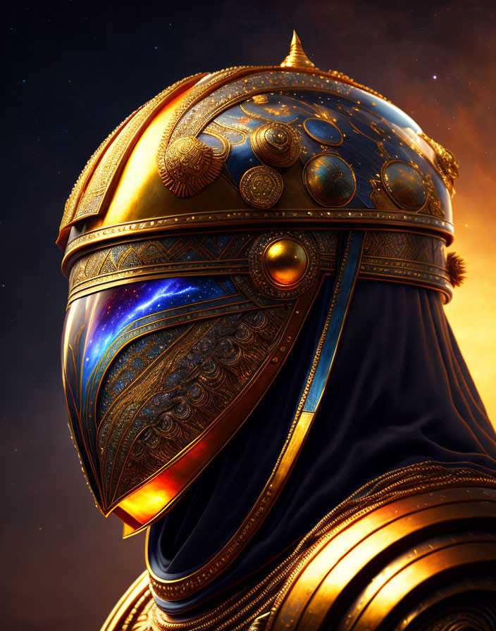 Medieval knight's helmet with gold designs and cosmic star field.