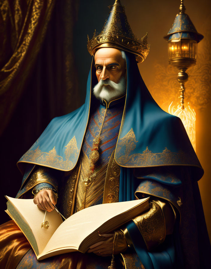 Elderly man in blue and gold religious attire with mitre holding open book near lanterns