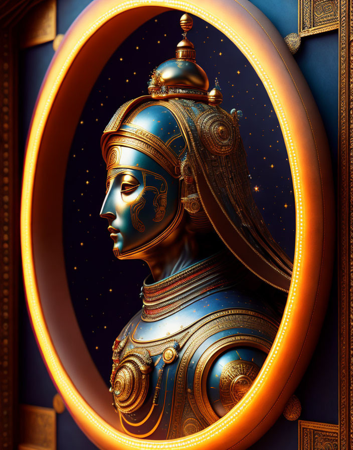 Blue-faced figure with traditional headgear in golden oval frame against starry backdrop