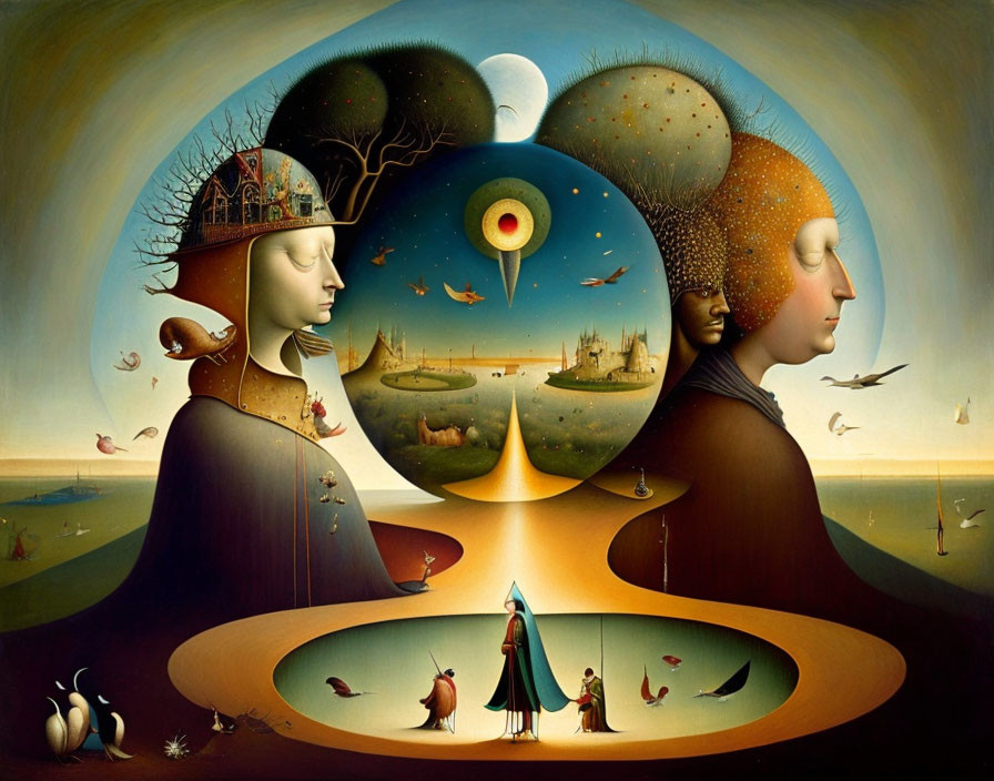 Surreal painting: Two profiled heads, inner landscapes, central figure, whimsical characters