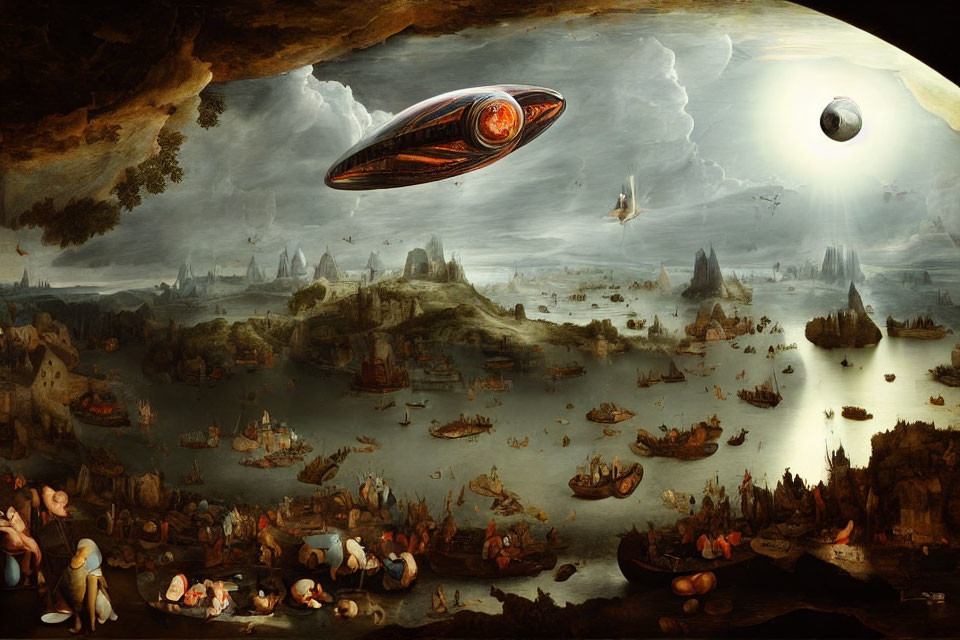 Flemish-style painting with sci-fi twist: UFO and planet in fantastical landscape