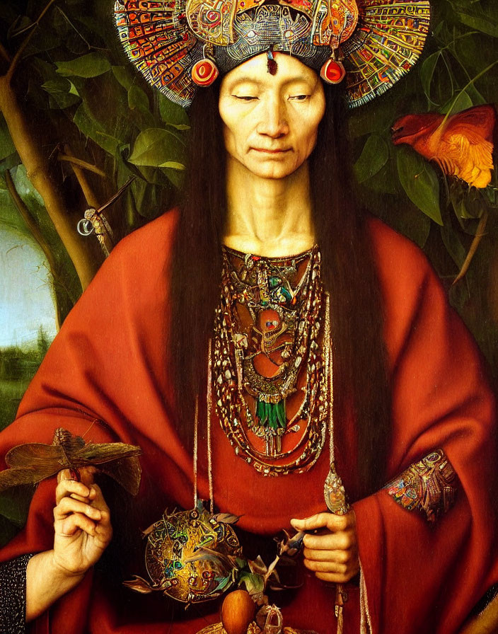 Elaborately dressed person with headdress, staff, and sphere, accompanied by a butterfly, in