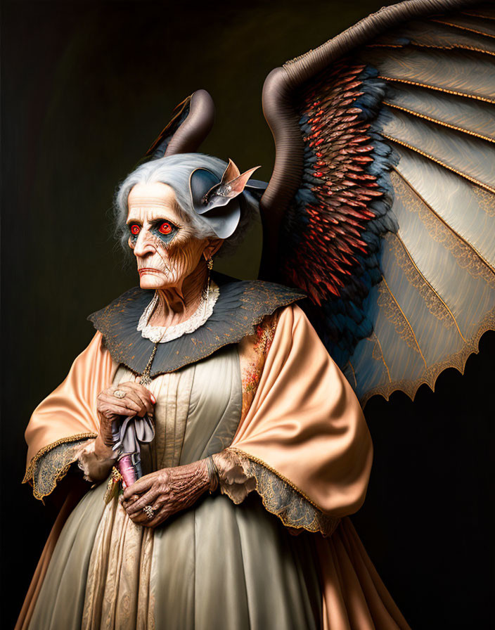 Elderly creature with horns, wings, regal outfit and cane