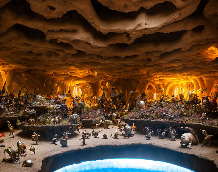 Fantasy Diorama of Tiny Characters in Illuminated Cave