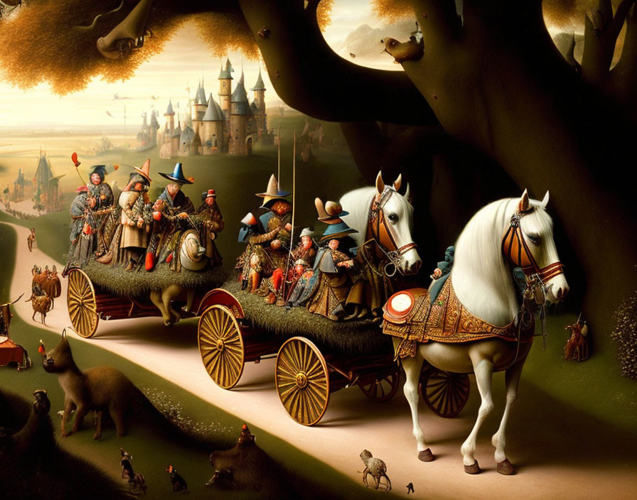 Musketeer Figures in Horse-Drawn Carriages in Fantasy Landscape