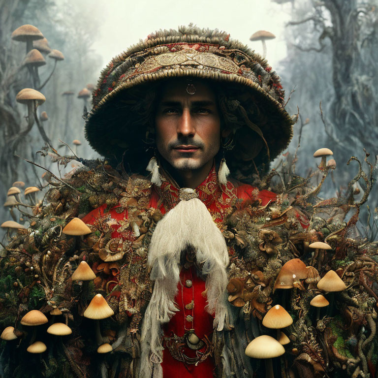 Man in Mushroom-Themed Outfit Surrounded by Wooded Background