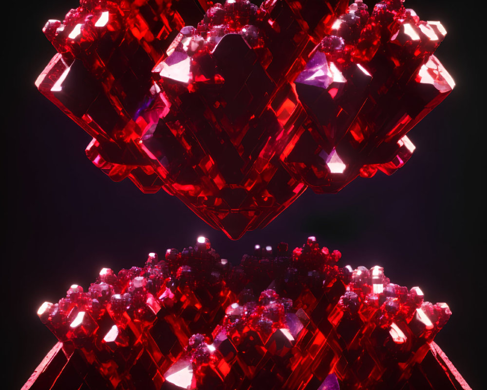 Symmetrical abstract design with red glowing crystals on dark background