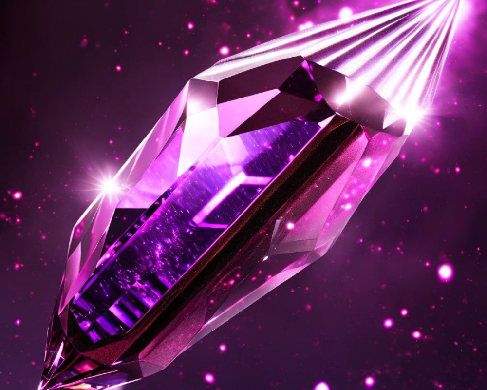 Shimmering crystal with light beams on purple starry backdrop