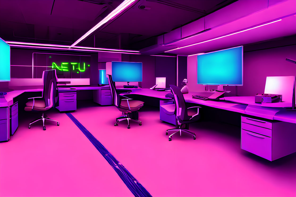 Neon-lit office space with pink and purple lighting