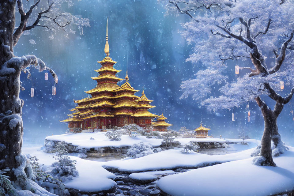 Traditional golden pagoda in snow-covered forest with falling snowflakes