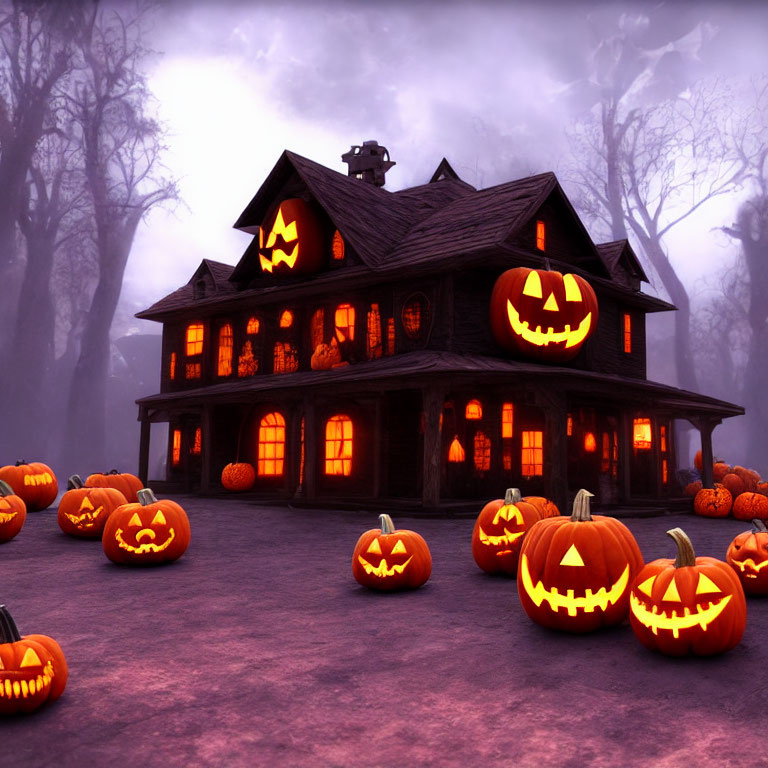 Eerie Halloween scene: haunted house, jack-o'-lanterns, misty forest