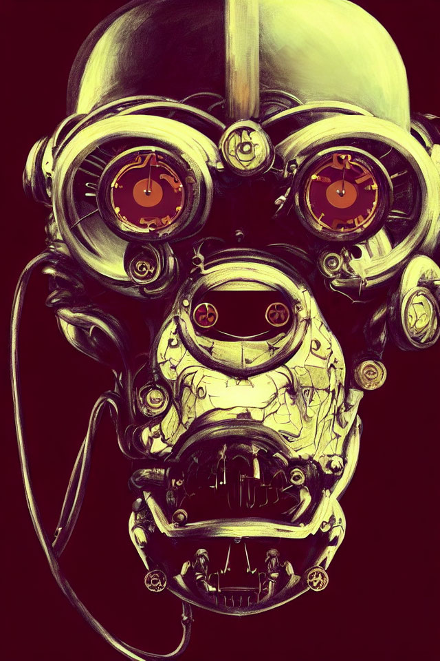 Surreal steampunk mask with gears, dials, and tubes on sepia background