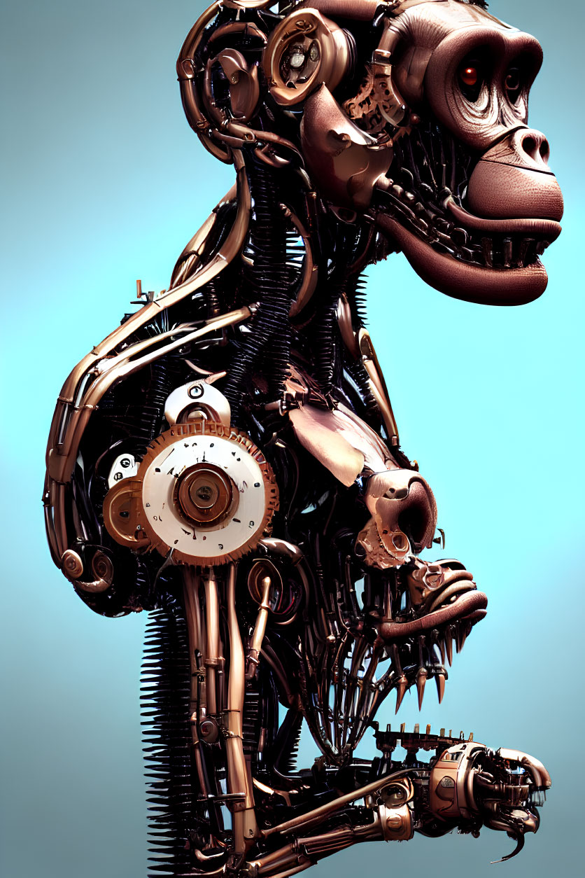 Intricate mechanical simian creature on blue backdrop