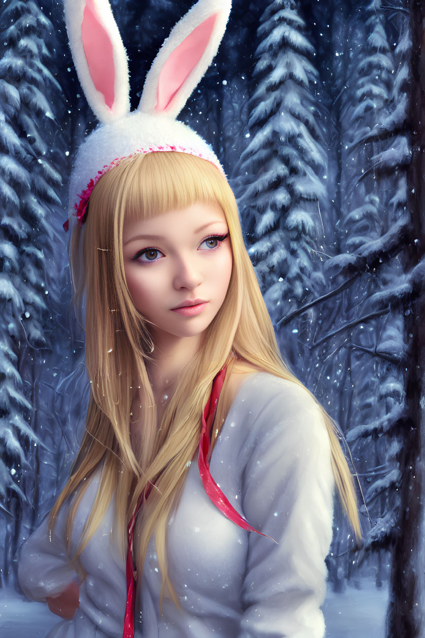 Blonde Woman with Bunny Ears in Snowy Forest