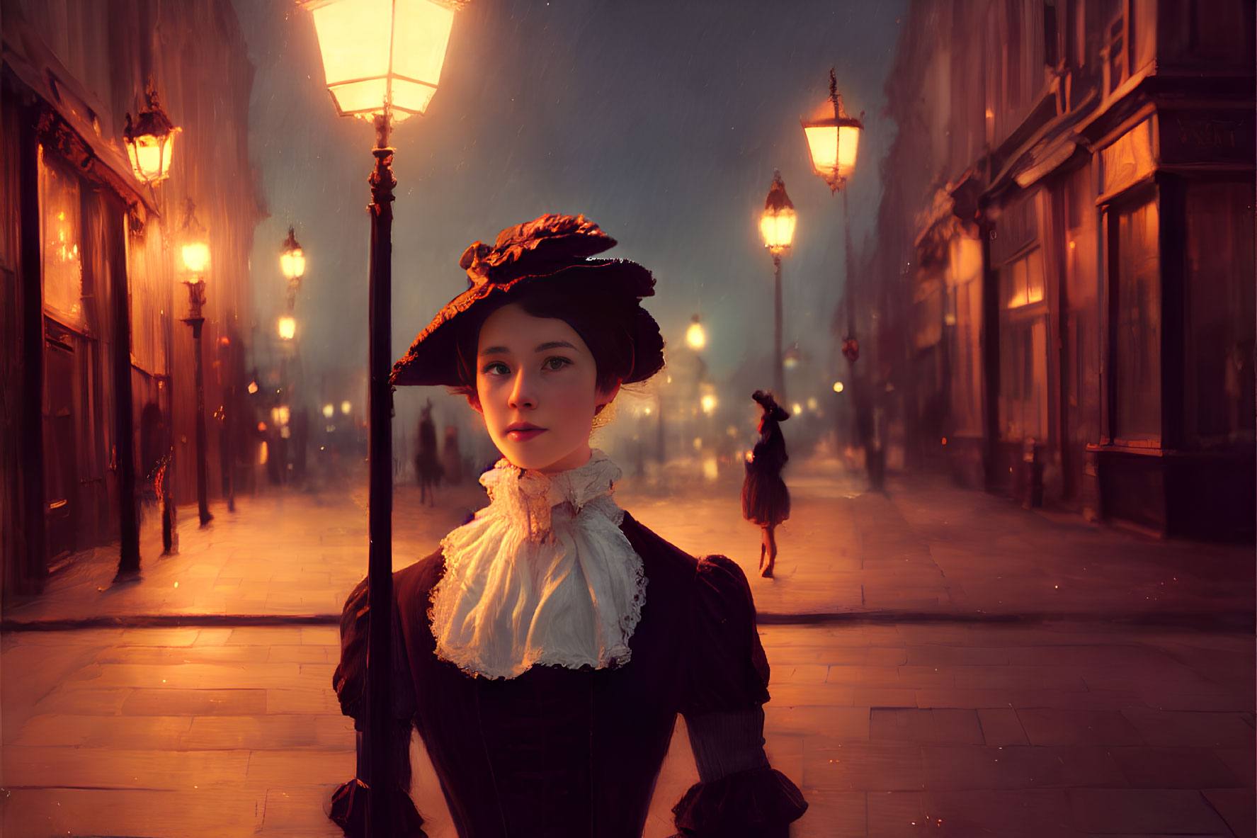 Vintage clothing woman with parasol on foggy 19th-century street