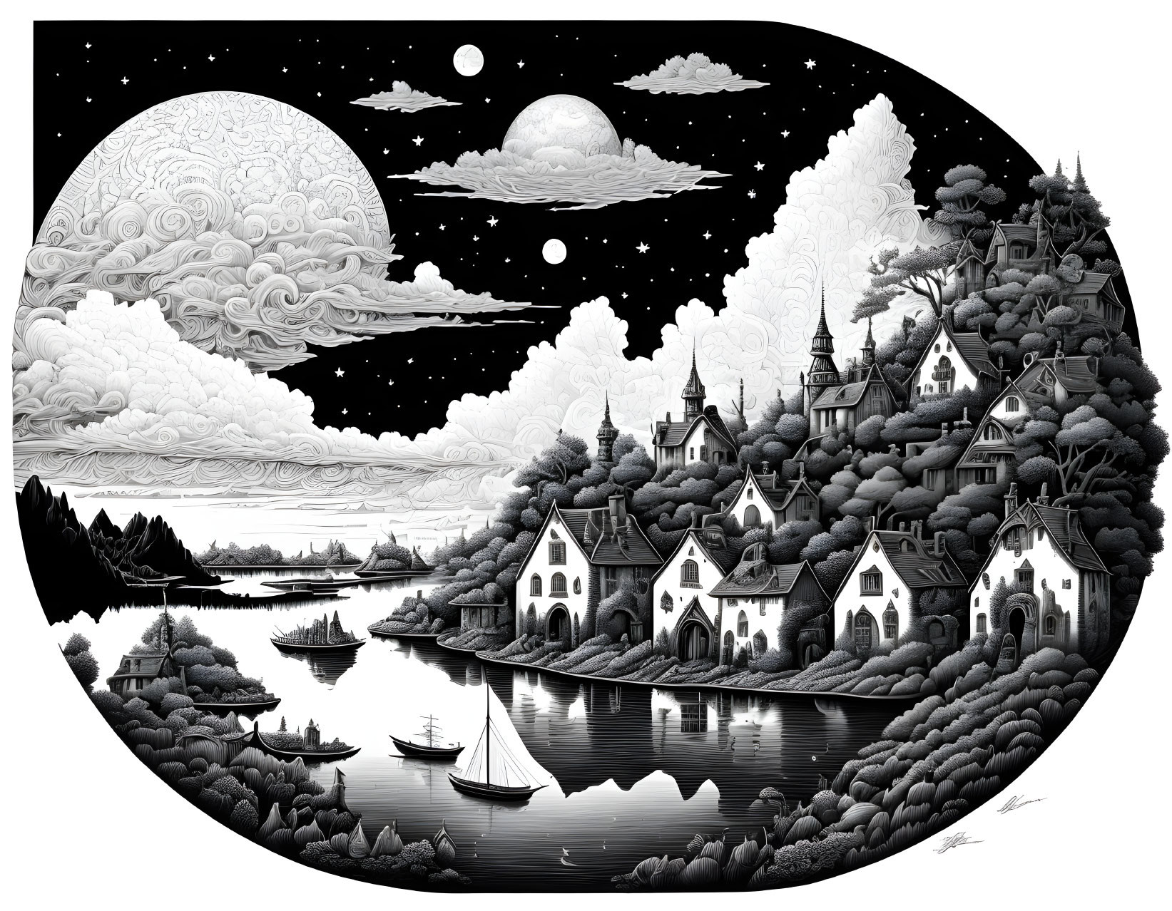 Monochrome fantasy landscape with moon, stars, village, river, and boat