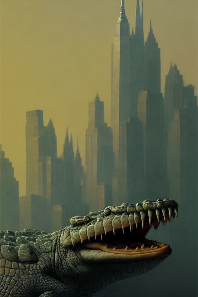 Enormous crocodile head against dystopian cityscape