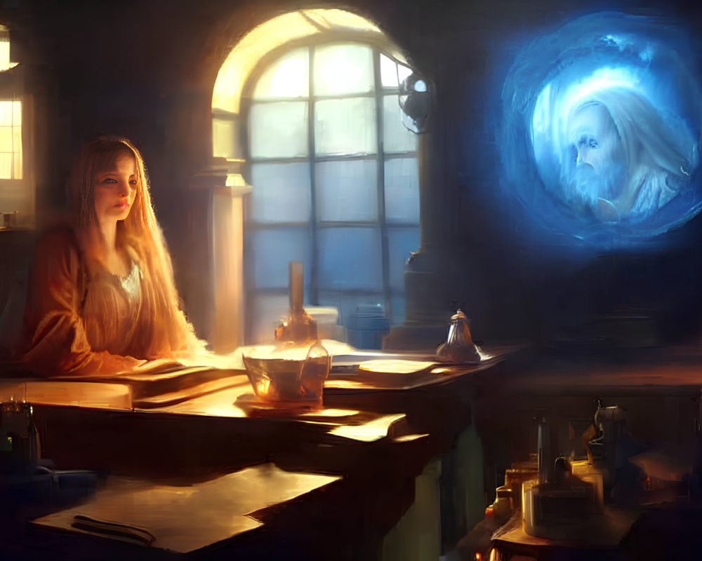 Woman at desk with books, quill, ink, gazing at swirling lion portal