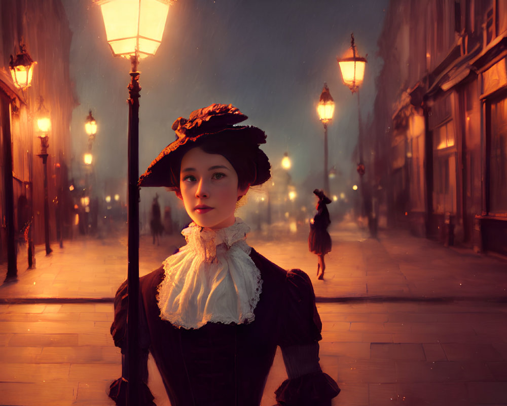 Vintage clothing woman with parasol on foggy 19th-century street