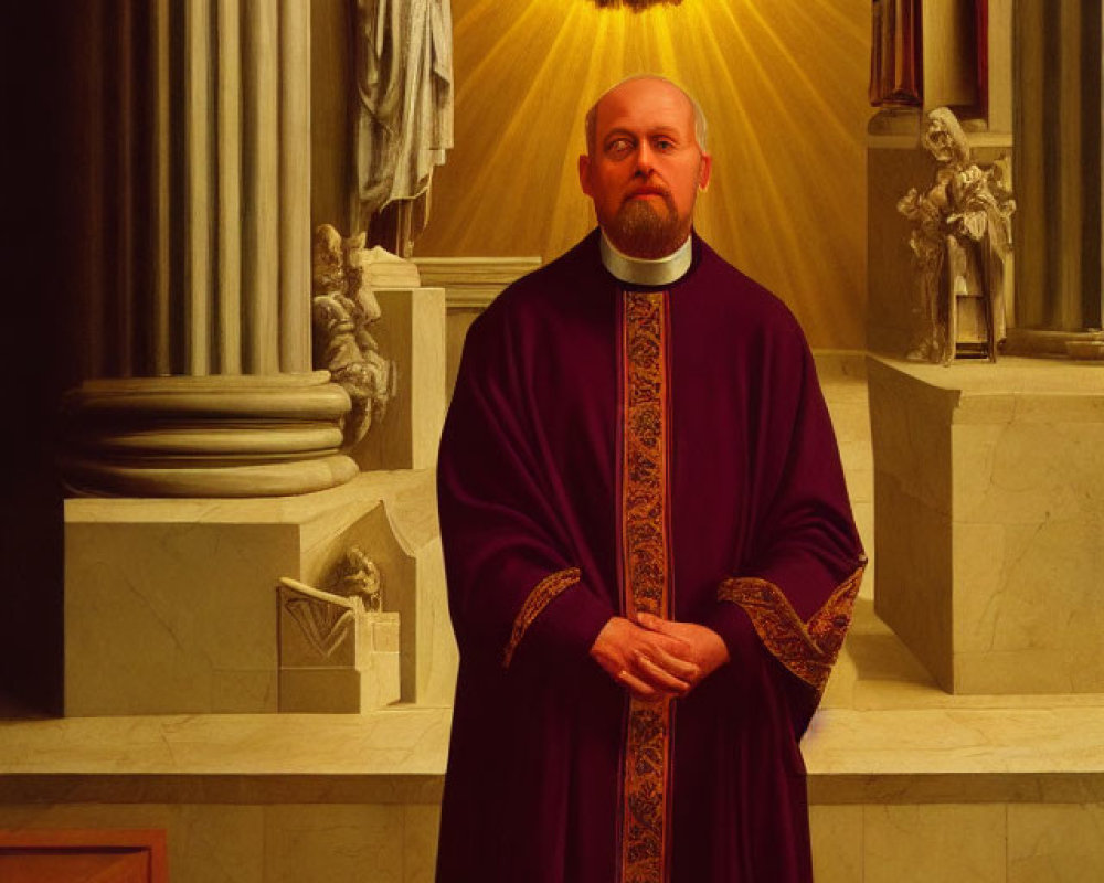 Man in Violet Clerical Robes with Haloed Visage Amid Statues and Columns