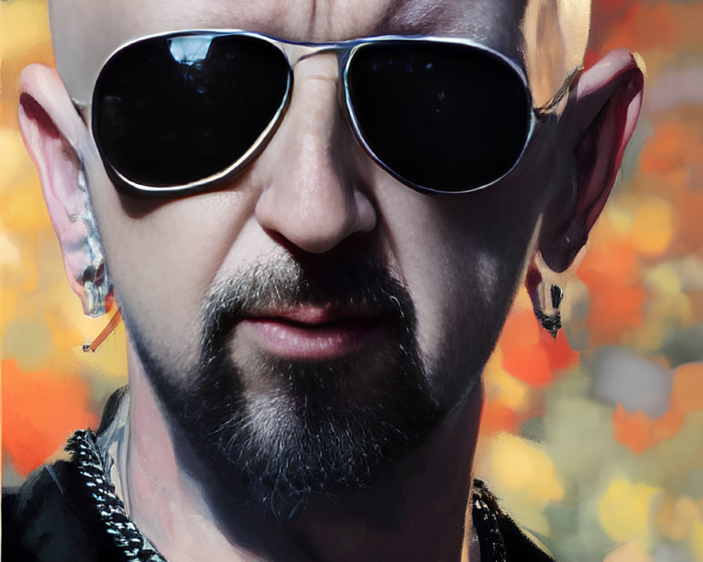 Bearded bald man in sunglasses with tattoos and jewelry on blurred background