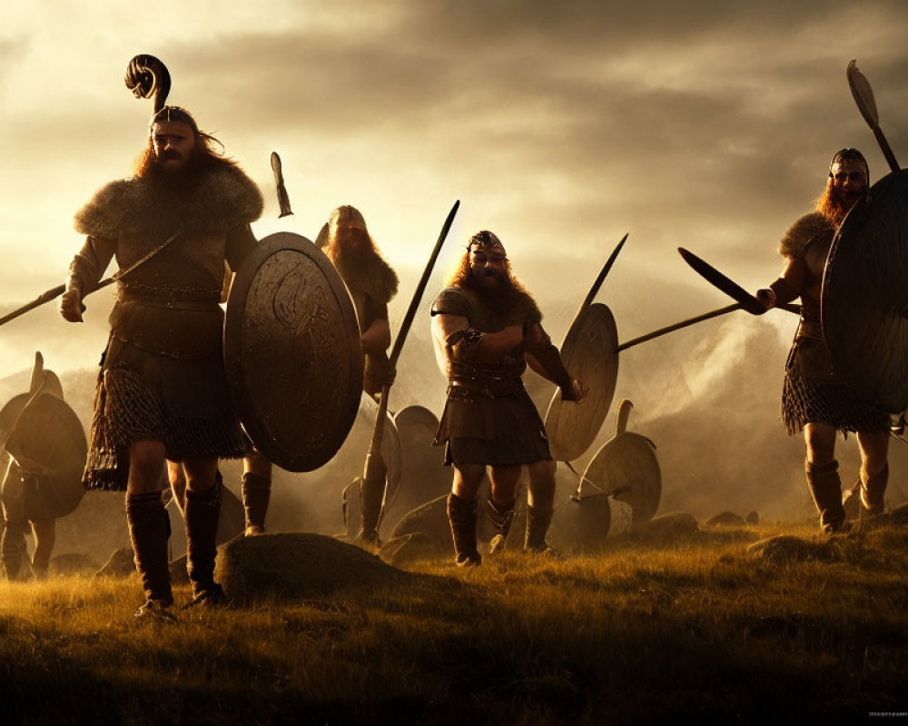 Viking warriors with shields and weapons in misty landscape