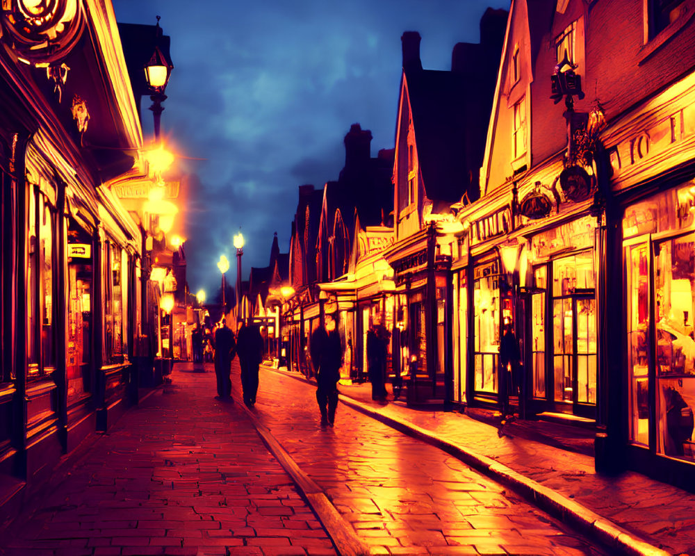 Tranquil evening ambiance on cobblestone street with warm lighting