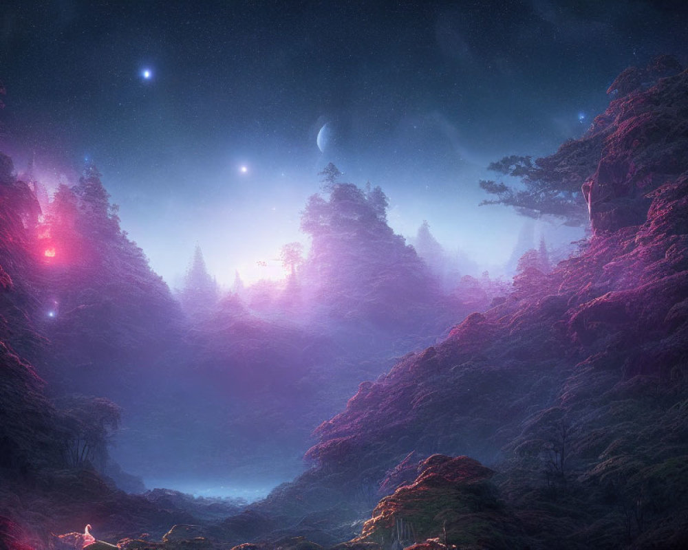 Fantasy landscape with towering trees, ethereal lights, misty valley, and starry sky